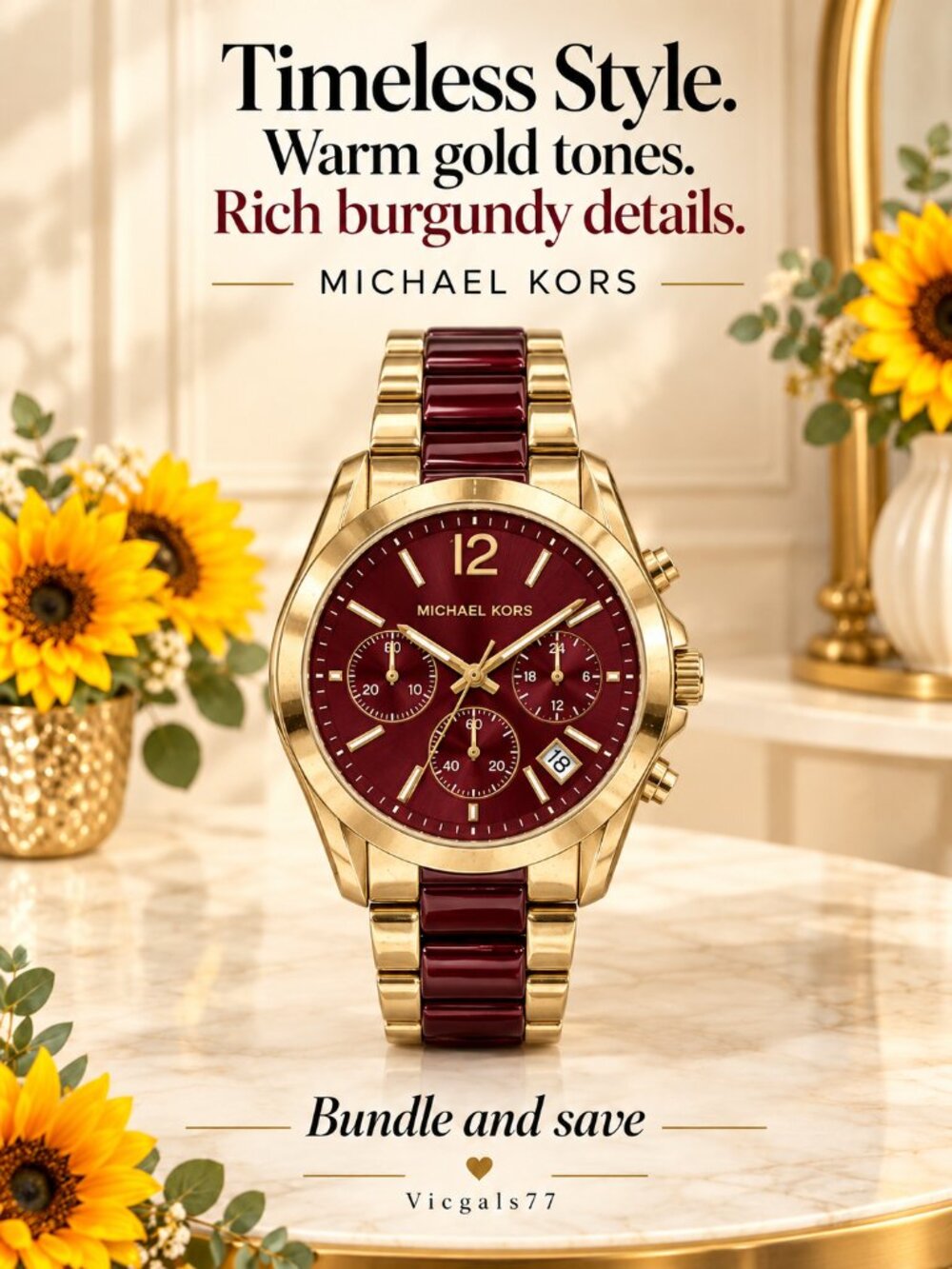 Michael Kors Burgundy & Gold Tone Chronograph Watch New Battery